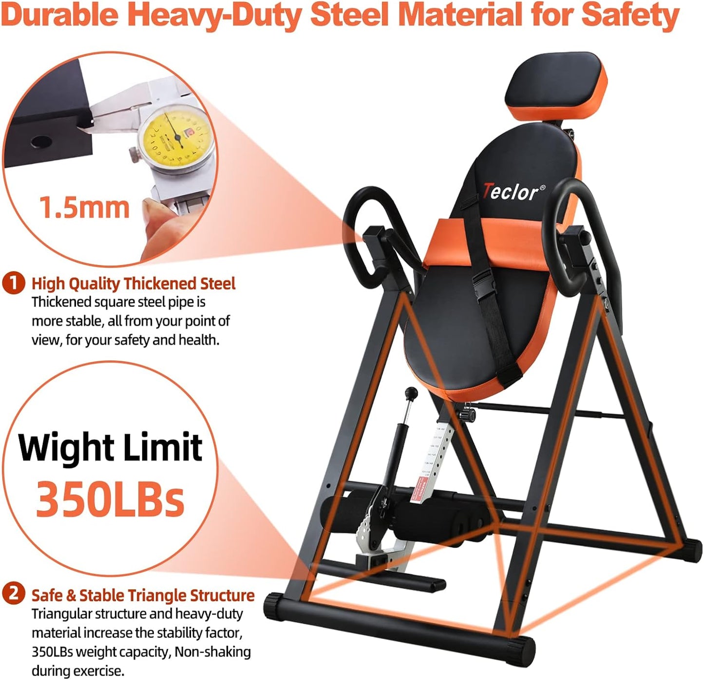 Teclor Inversion Table for Back Pain Relief, 350 lbs Capacity Strength Training Inversion Equipment, Decompression Table for Pain Therapy Training with Safe Belt & Comfortable Ankle Holders