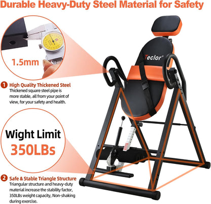 Teclor Inversion Table for Back Pain Relief, 350 lbs Capacity Strength Training Inversion Equipment, Decompression Table for Pain Therapy Training with Safe Belt & Comfortable Ankle Holders