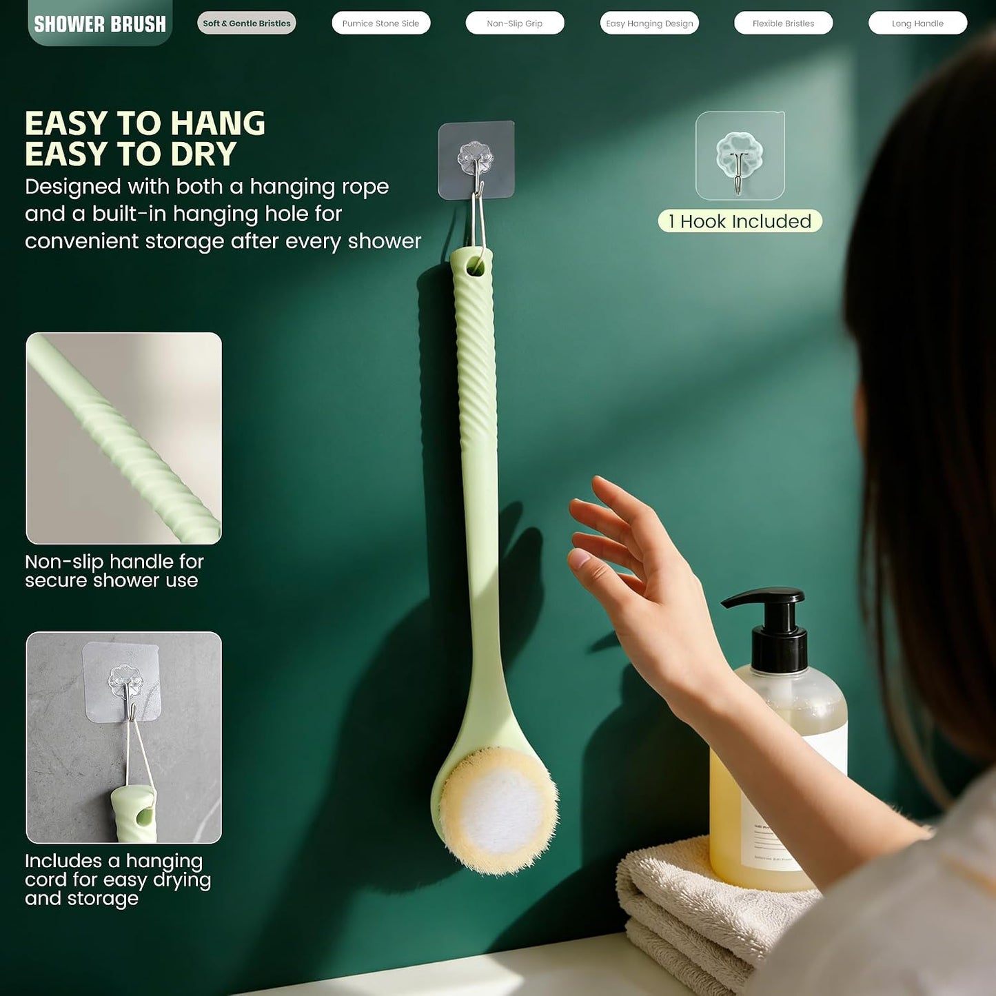 Back Scrubber for Shower, 15.7" Loofah with Handle, Back Shower Brush with Bristles and Loofah, Dry Brushing Body Brush for Cleanse Back and Hard to Reach Areas with Curved Long Handle