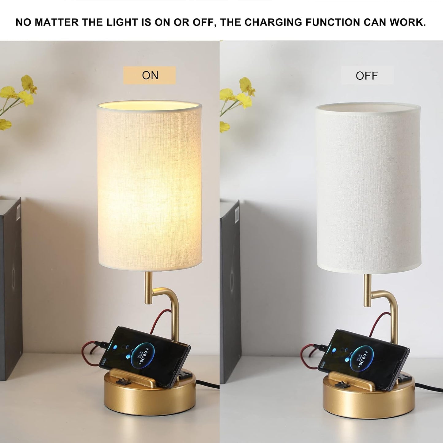 Dreamholder Table Lamp with 3 USB Charging Ports, Modern Desk Lamp with AC Outlet and Phone Stands, Perfect Bedside Lamp for Bedroom, Living Room, Office (Pack of 2), Cream