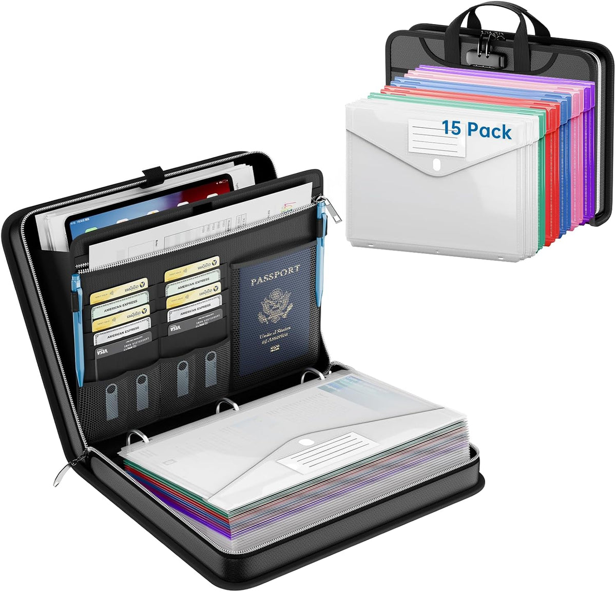 Fireproof Binder Organizer with 15 Pack Pockets,Letter Size,Black