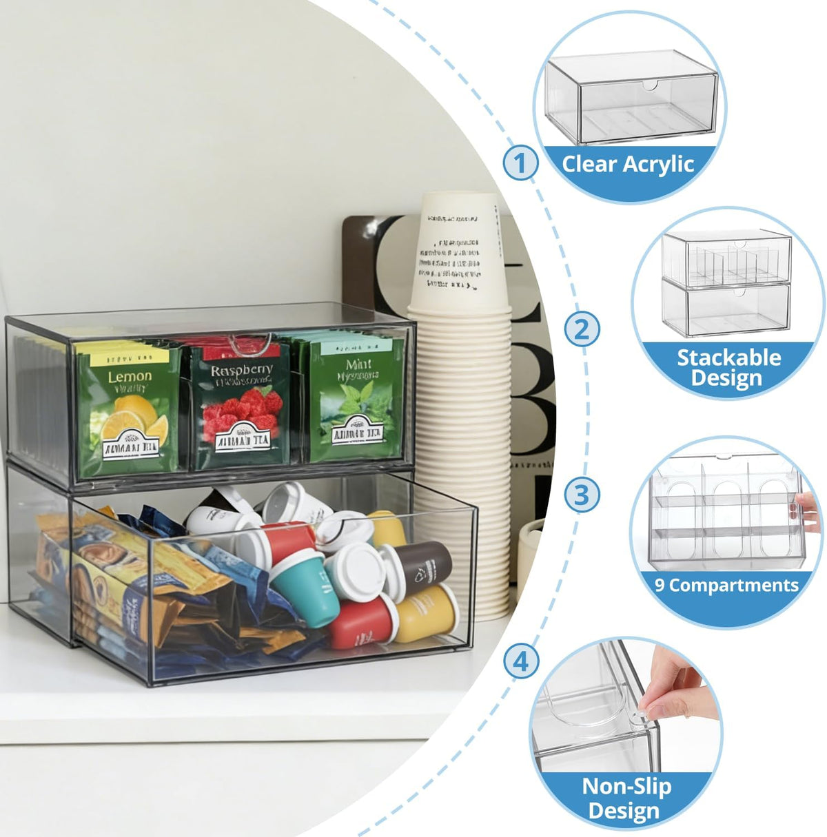CLUQMEIK 2 Large Acrylic Tea Bag Organizer, 9 Grids Tea Organizers and Storage with Acrylic Drawers Stackable, Teabag Holder Organizer for Counter Countertop Kitchen Cabinet