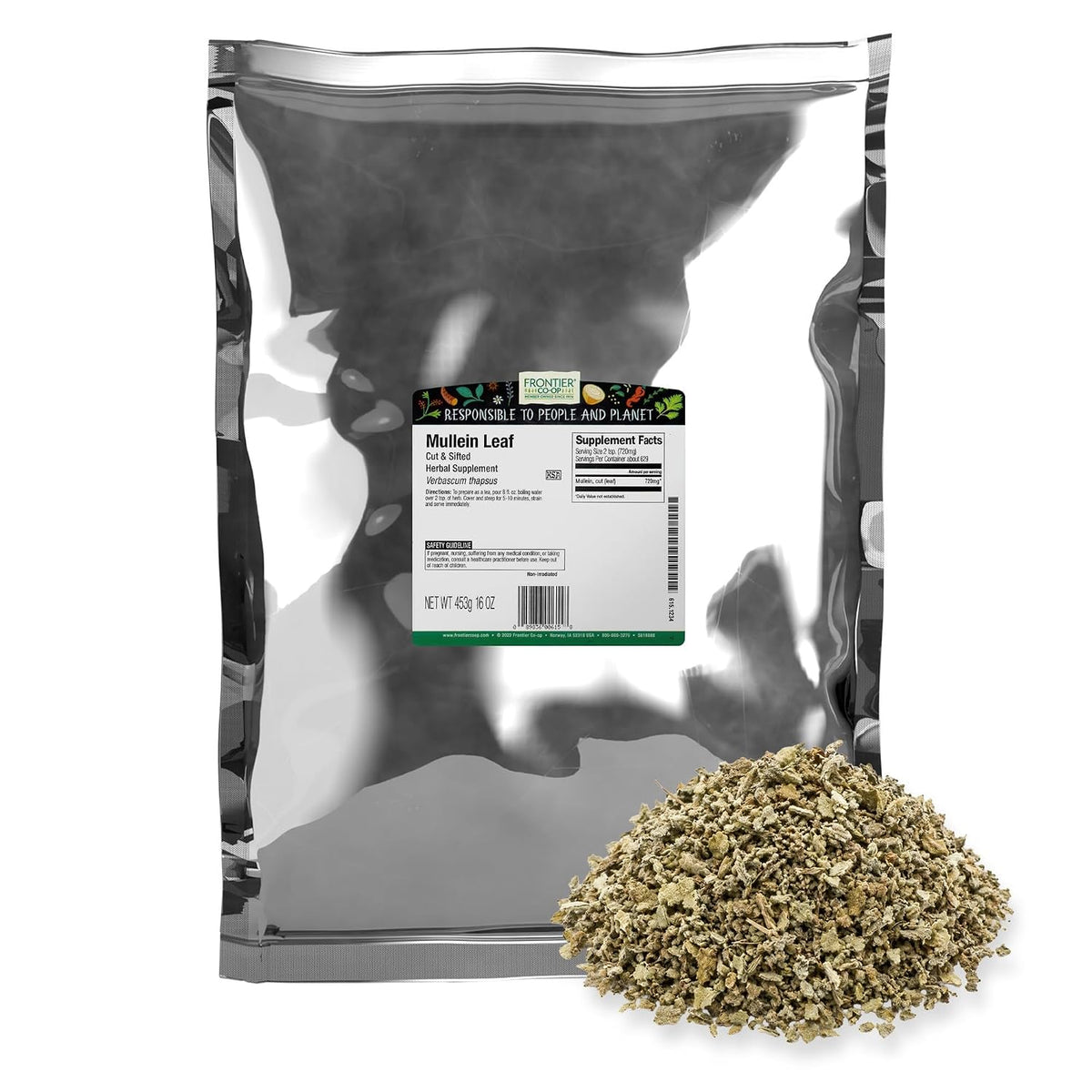 Frontier Co-op Mullein Leaf, Cut and Sifted - Dried Mullein Leaves, Ideal for Loose Leaf Tea, Tea Bags, Gummies, Extract, Capsules - Kosher | 16 Ounce (Pack of 1)