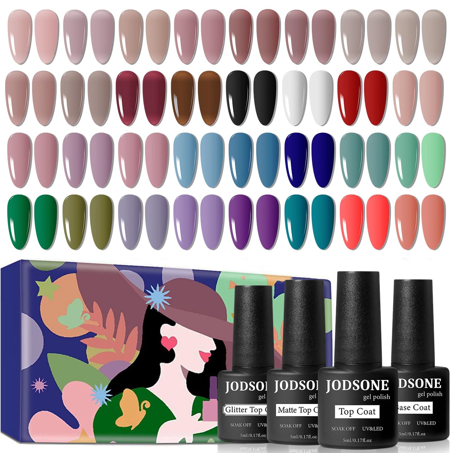 JODSONE Gel Nail Polish Kit 60 PCS with U V Light Soak off Base Top Coat 55 Shine Colors Gel Nail Kit Bright and Dark Brown Wine Red Series Manicure Set for Women and Girls
