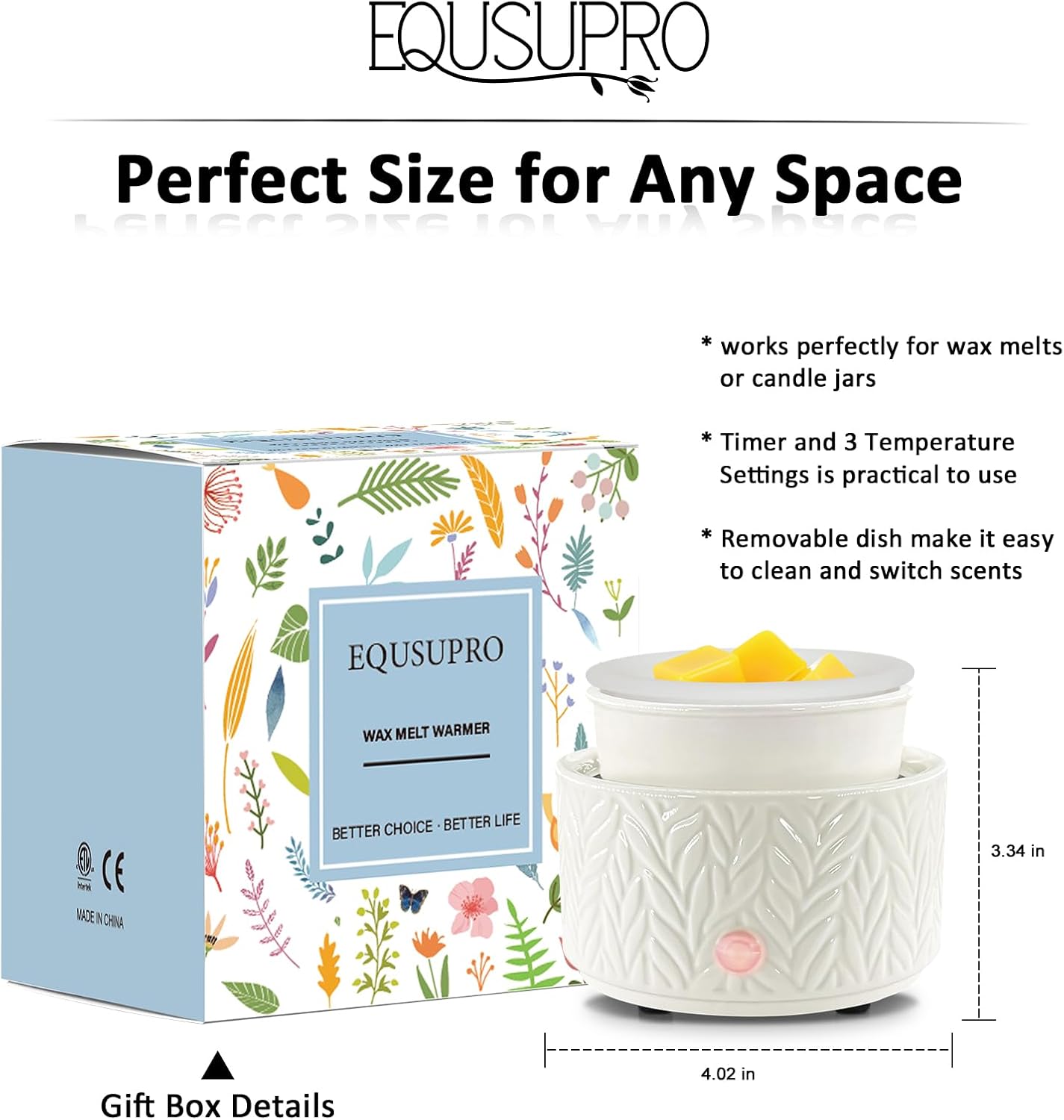 EQUSUPRO Wax Melt Warmer for Scented Wax Melts 3-in-1 Electric Ceramic Candle Wax Warmer Burner Fragrance Wax Melter for Home Office Bedroom Gift & Decor (Leaf)