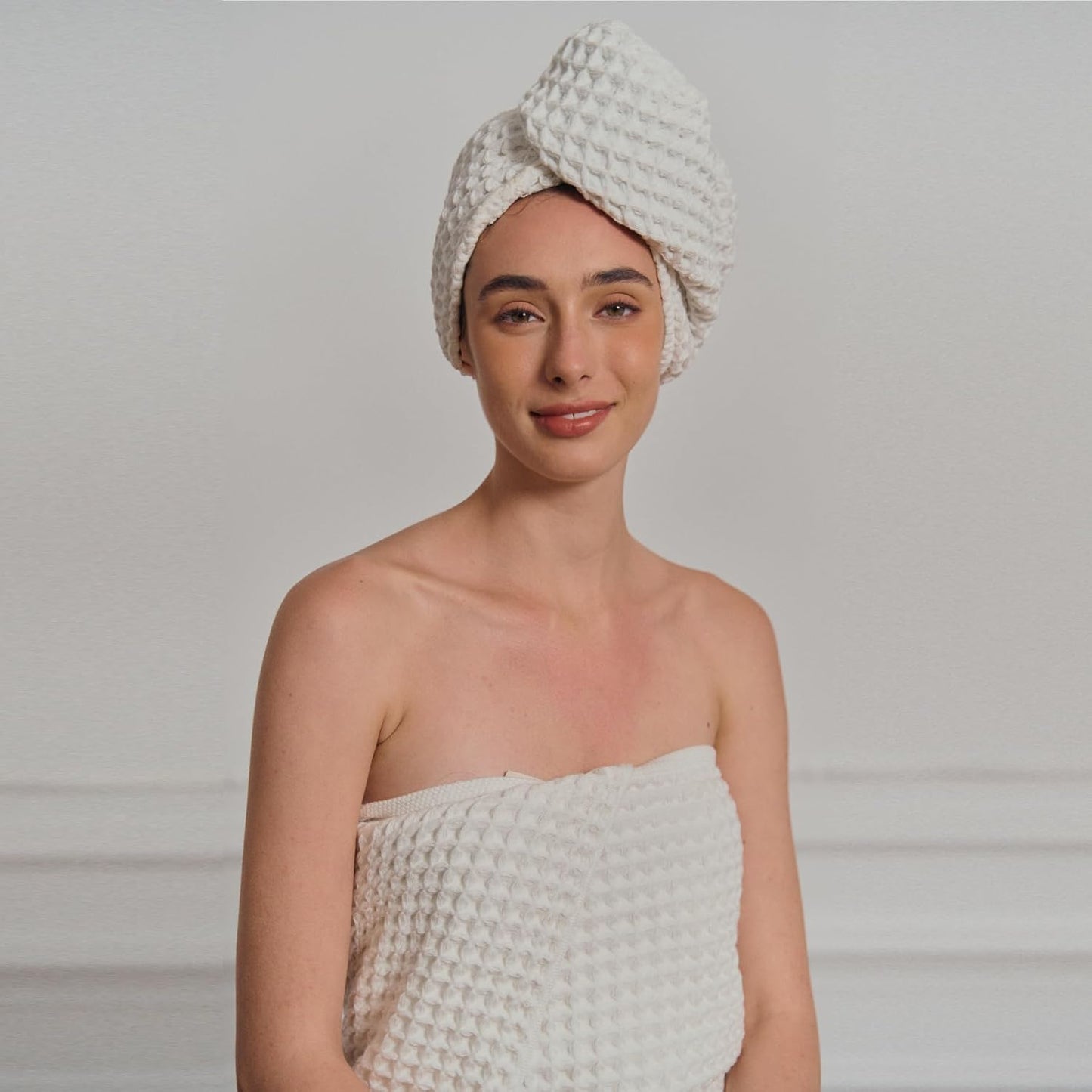 Luxury Organic Japanese Cotton Hair Drying Waffle Towel Wrap for Women | Absorbent, Quick-Dry Head Turban for Shower, Sauna, Spa | Extra Large for Long, Curly, Straight Hair With Button (White, 1 Pc)