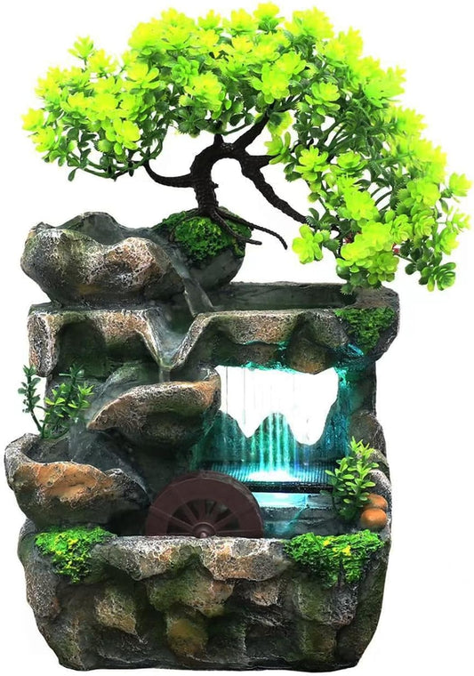 Tabletop Waterfall Fountain with Flowing Water & LED Lights – Indoor Resin Rockery Desk Fountain for Home, Office, Bedroom Relaxation & Decoration, Mini Desktop Water Featur