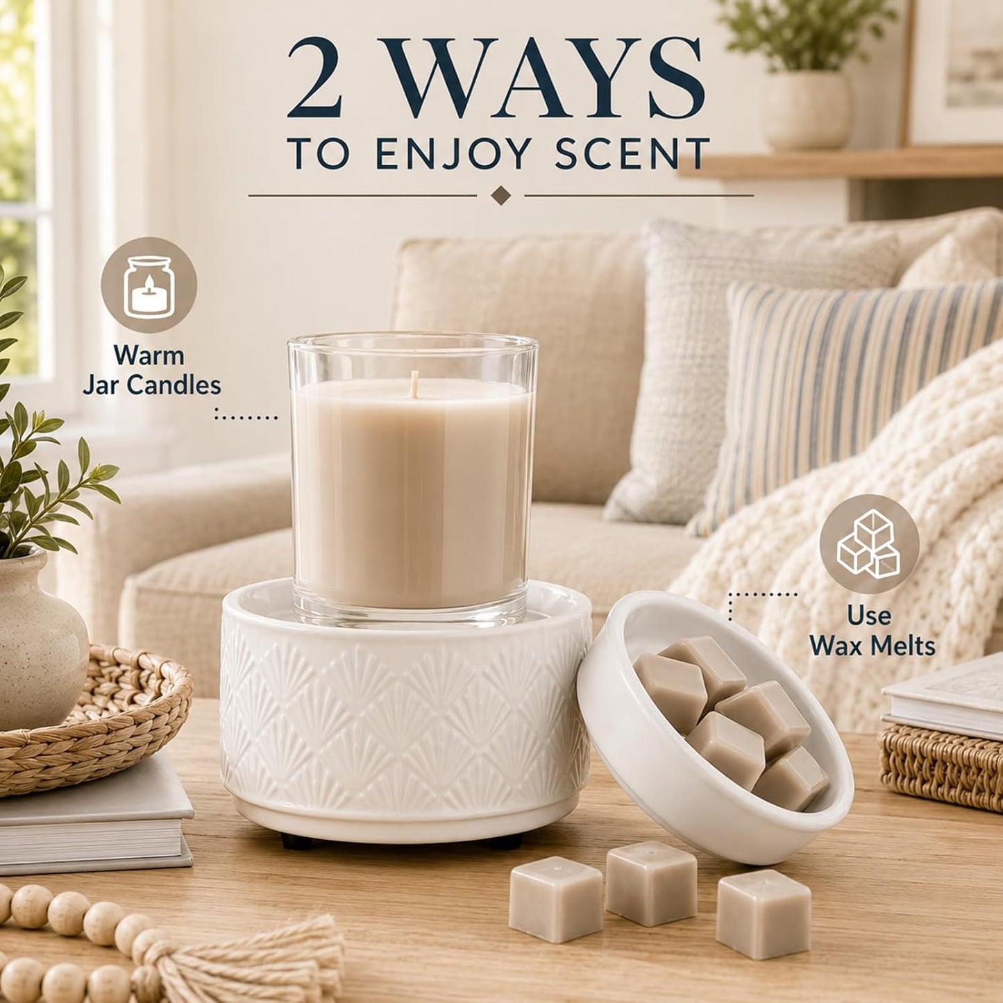 mocosa Ceramic Wax Warmer Wax Melt Warmer for Scented Wax 3-1 Electric Candle Warmer Home Fragrance Wax Burner for Mom Women(White-Fan Shaped)