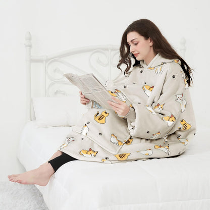KFUBUO Wearable Blanket Hoodie for Adults Sherpa All Patterns Cat Oversized Sweatshirt Blanket with Pockets for Women