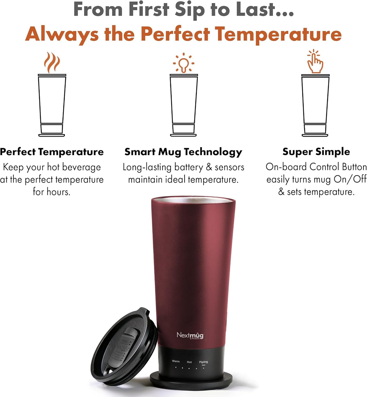 Nextmug Go - Temperature-Controlled, Self-Heating Travel Mug