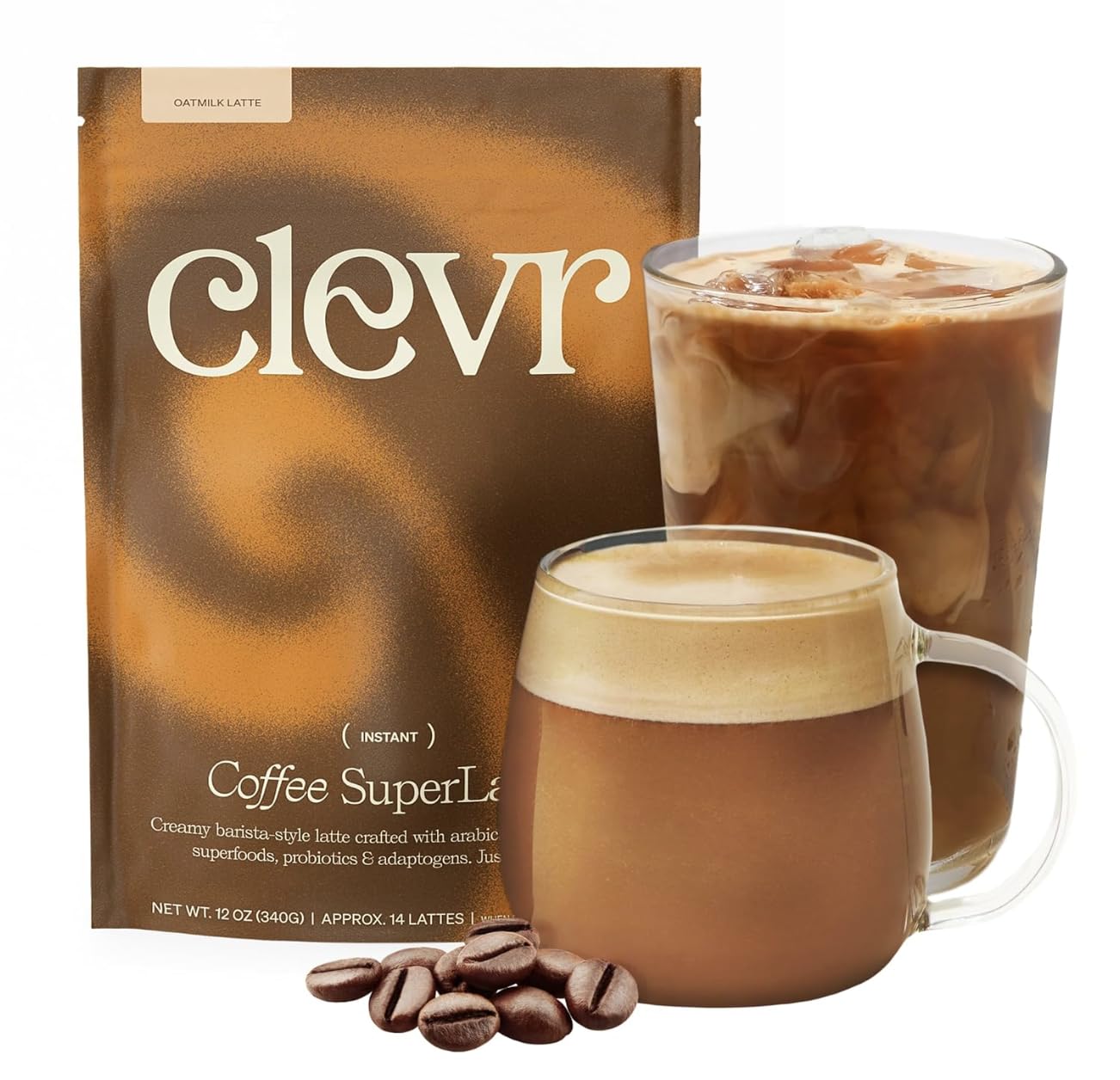 Clevr Pistachio Matcha SuperLatte, Organic Ceremonial Grade, Instant Superfood Powder Blend with Lions Mane, Reishi Mushroom, Coconut Cream, Ashwagandha, Serve Hot or Iced (14 Lattes)