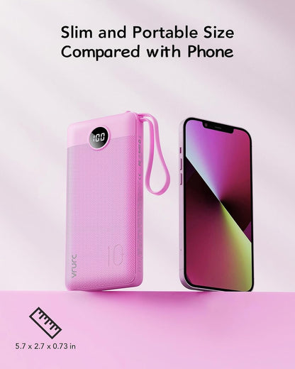 VRURC Portable Charger, Slim Power Bank Built-in 4 Cables, Travel Essential
