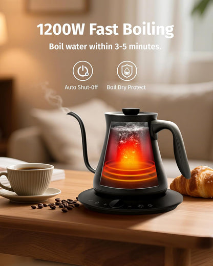 INFOOD 0.8L Gooseneck Electric Kettle, Precise Temperature Control for Pour Over Coffee & Tea, 1200W Fast Boiling Water, Auto Shut Off, Scheduling, Stainless Steel, Floral Painted Design