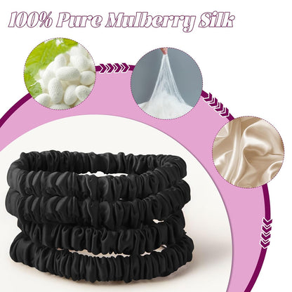 4Pcs Mulberry Silk Scrunchies Set, Silk Hair Ties Elastic for Women, Skinny Scrunchies Reduces Breakage for All Hair Types