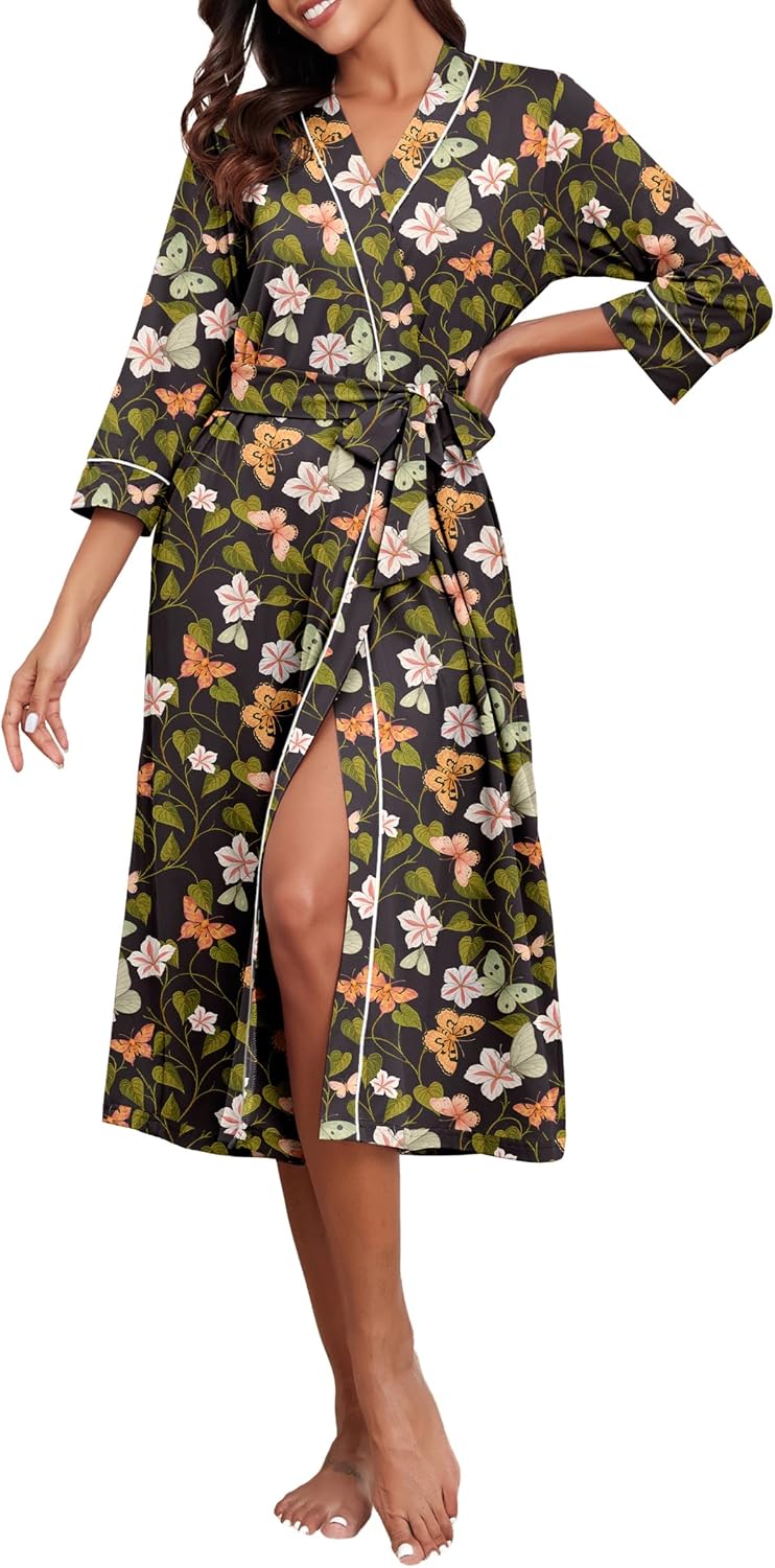 PrinStory Robes for Women 3/4 Sleeve Long Bath Robe XS-4XL