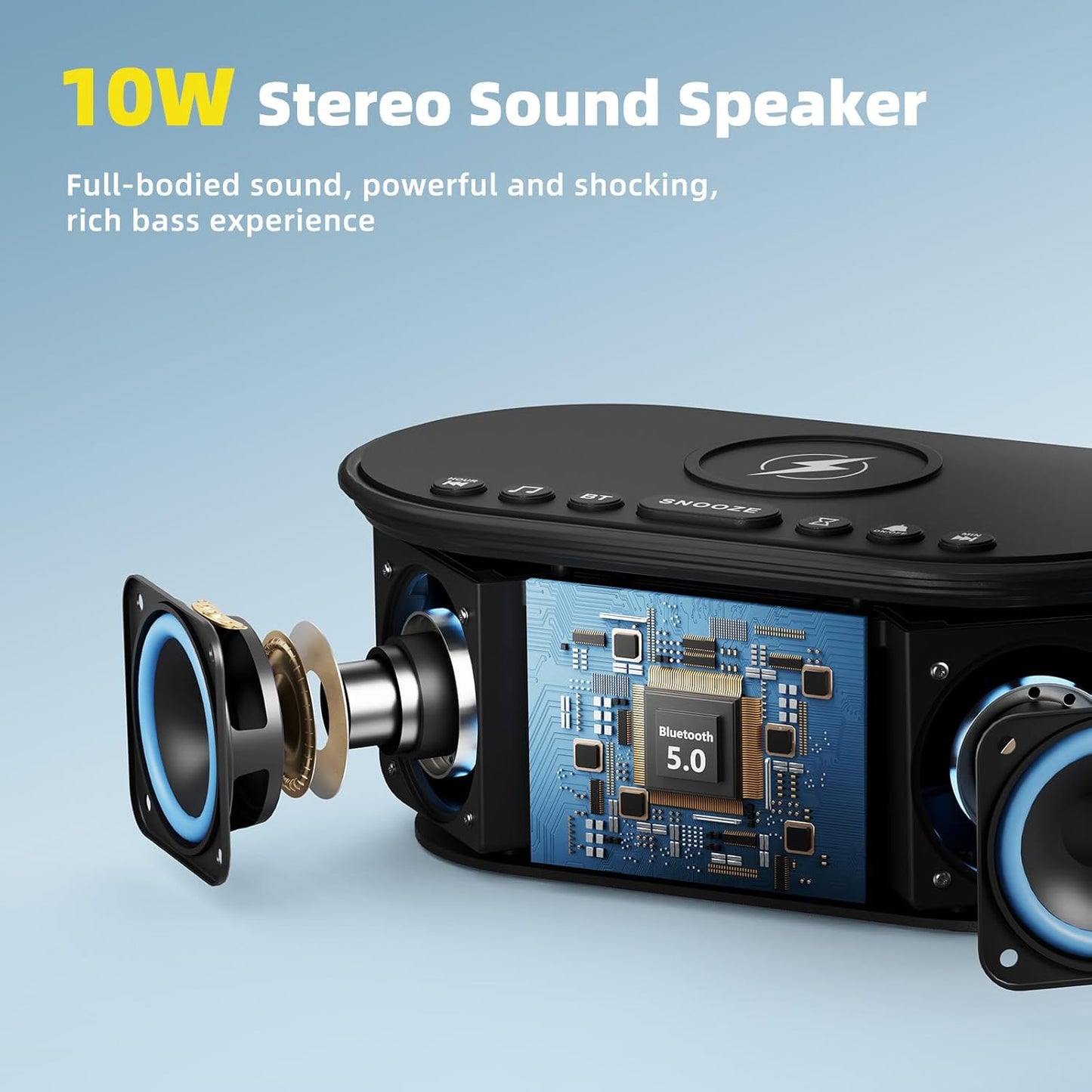 Sound Machine Alarm Clock for Bedrooms: Bluetooth 10W Stereo Sound Speaker with Wireless Charging - White Noise Machine for Sleeping with 21 Soothing Sounds - Putty