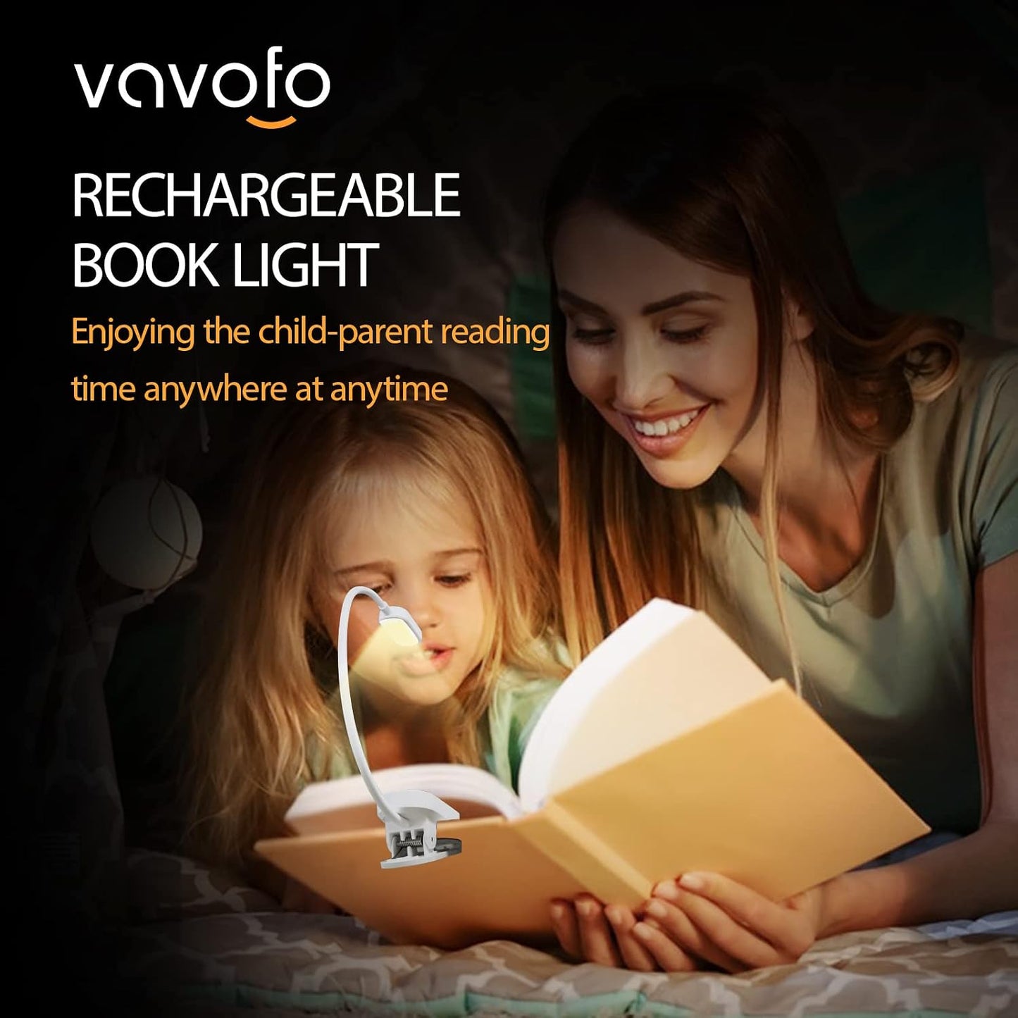 VAVOFO Rechargeable Book Light, 14 LEDs Eye Care Clip On Amber Reading Light for Bookworms Reading in Bed with 9 Colors 9 Brightness (White-Blue)