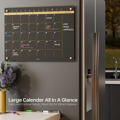 Black Glass Golden Monthly Dry Erase Calendar Whiteboard for Wall, 17" x 23", Frameless Large Planner White Board for Home Kitchen Office, 4 Wet Erase Markers Included, Yeoux