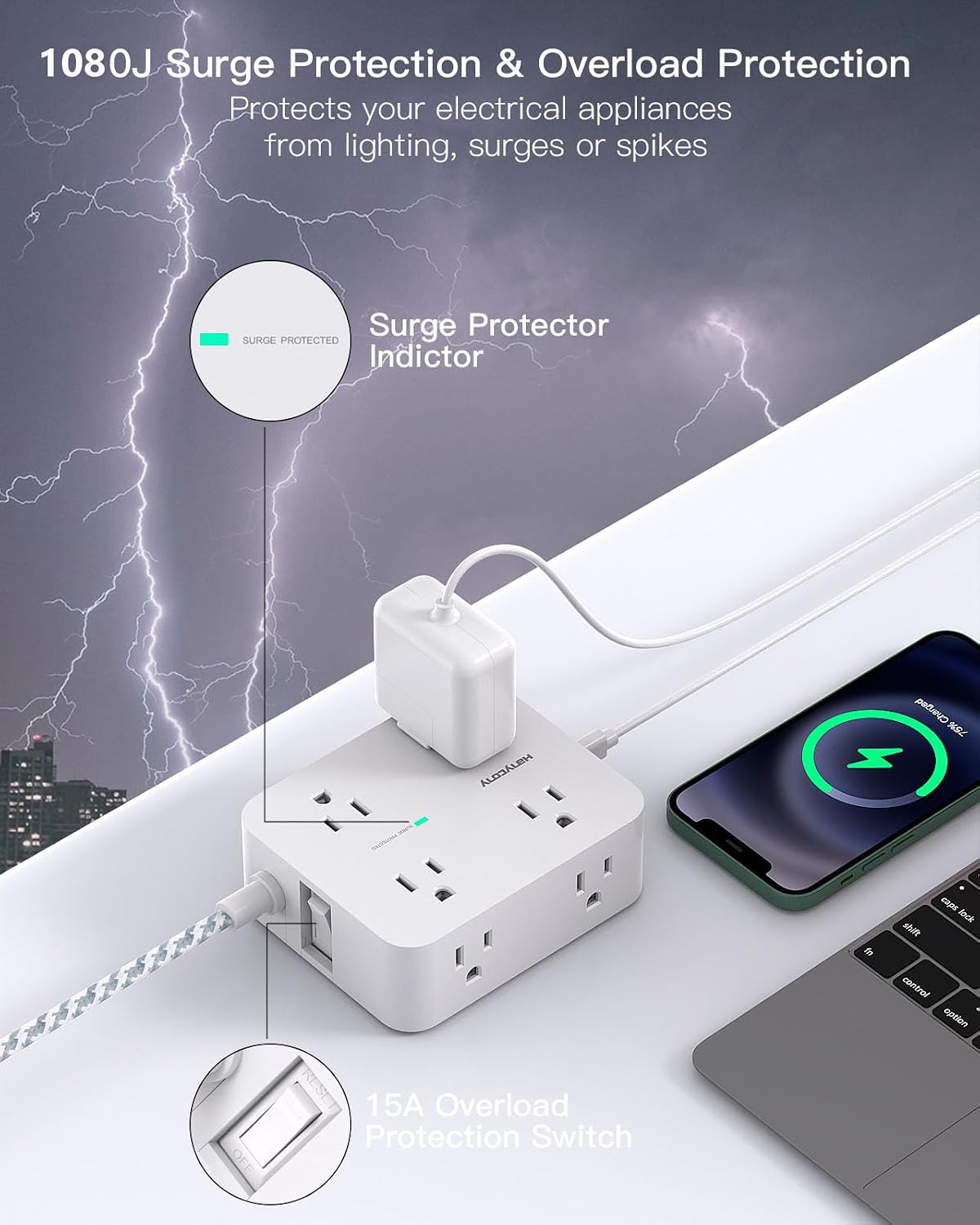 HANYCONY Surge Protector Power Strip, 1080J, 5 Ft Braided Extension Cord
