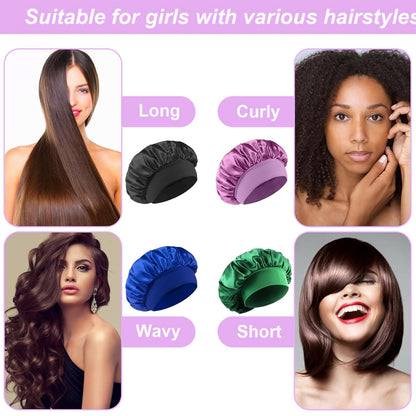 4Pcs Silk Satin Bonnets for Sleeping - Elastic Wide Band Wrap for Black Women Men,Silk Bonnets for Curly Hair,Large Hair Cap for Sleeping (Black+Wine Red+Purple+Brown)