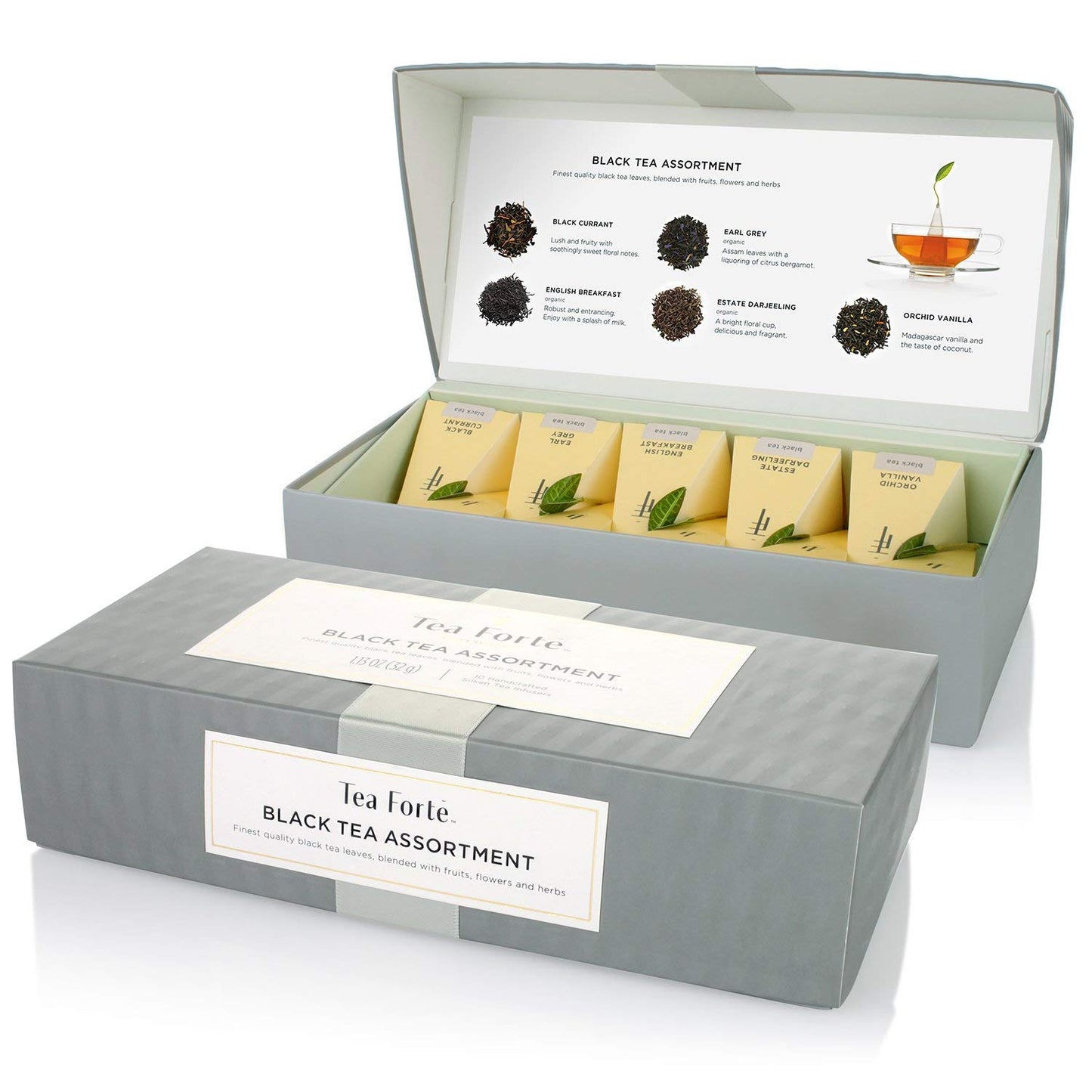 Tea Forte Premium Petite Presentation Box Gift Set Sampler, 10 Count, 2 of Each Blend Individually Wrapped Handcrafted Pyramid Infuser Bags, Demoiselle Tea