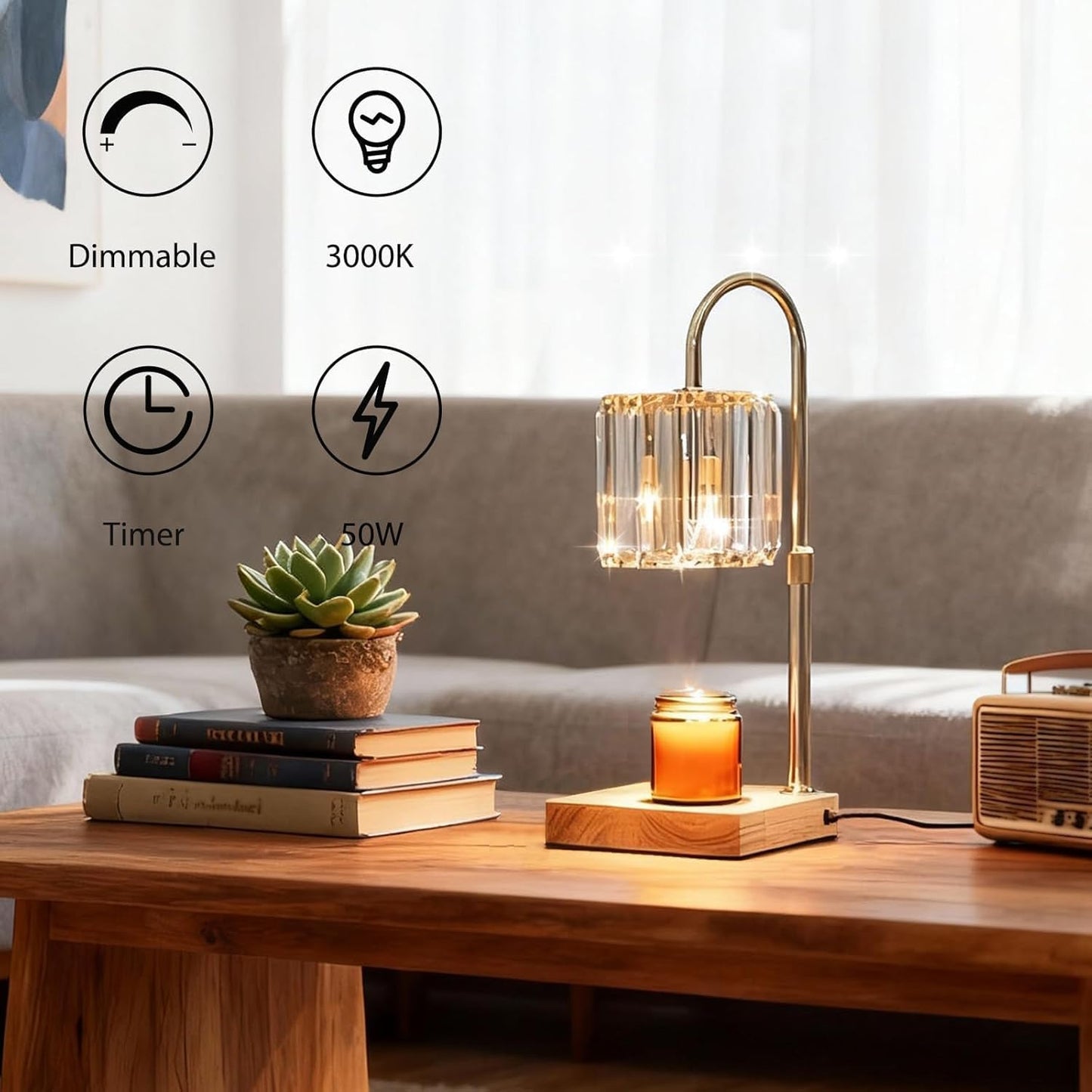 Yuichoy Candle Warmer Lamp with Timer, Dimmable Electric Candle Wamer Adjustable Height, Gifts for Women Mom, Glass Modern Candles Melter Lamp, Black