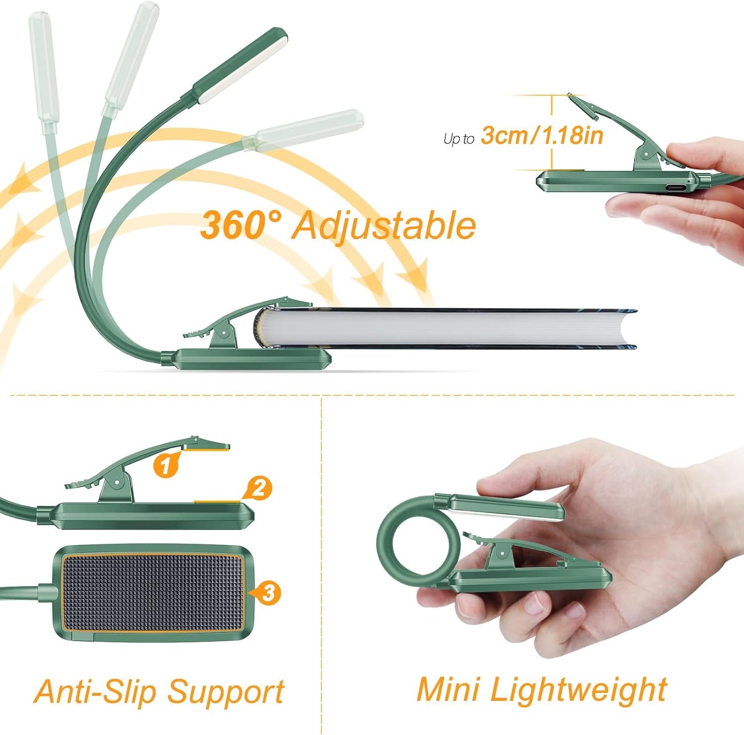 Gritin 9 LED Rechargeable Book Light for Reading in Bed | Eye Caring 3 Color Temps,Stepless Dimming Brightness,80 Hrs Runtime Small Lightweight Clip On Book Reading Light for Studying