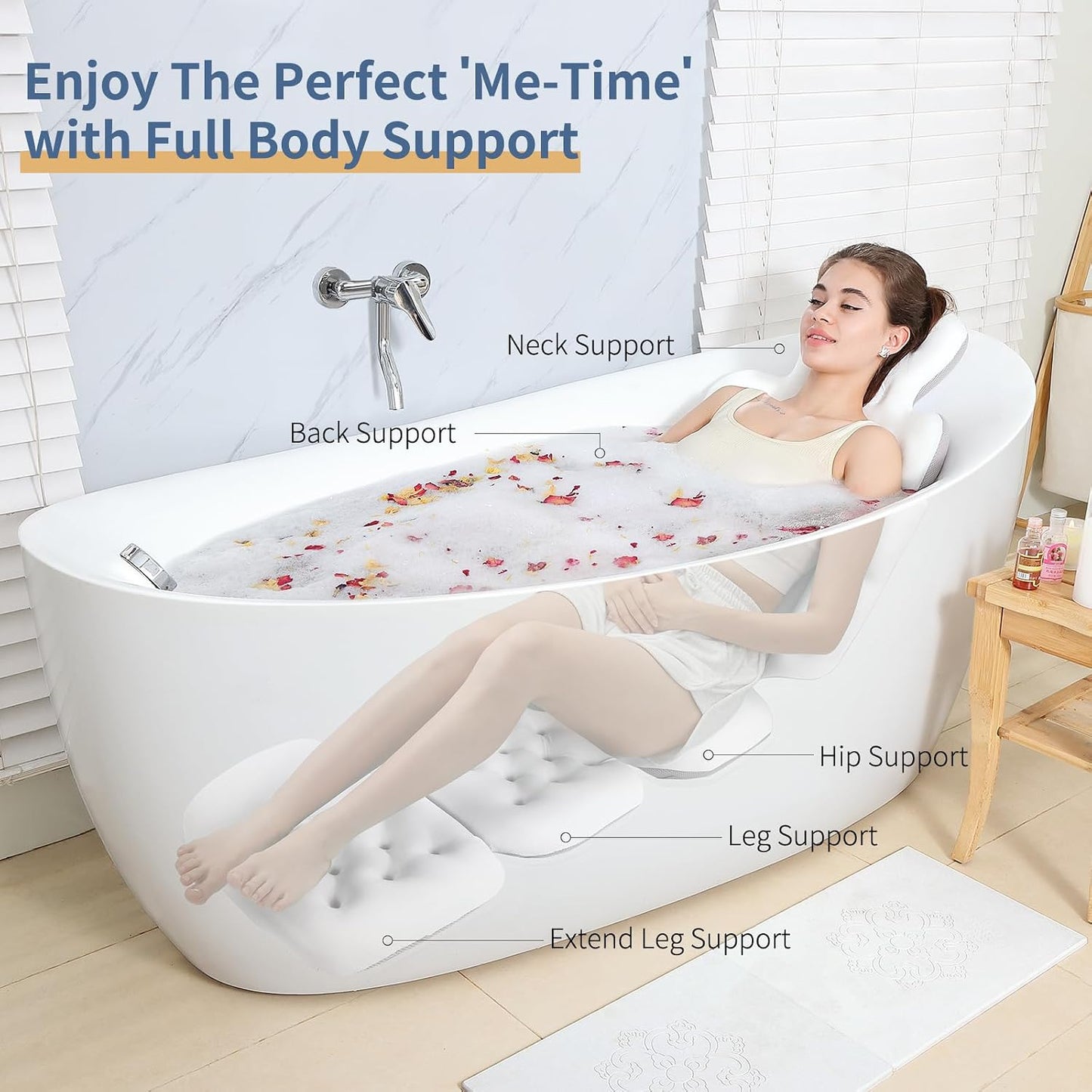 Luxury Bath Cushion, Full Body Bathtub Pillow with 160 Suction Cups, Bath Mat for Head and Neck Support, with Laundry Bag (Blue, 51" x 16")
