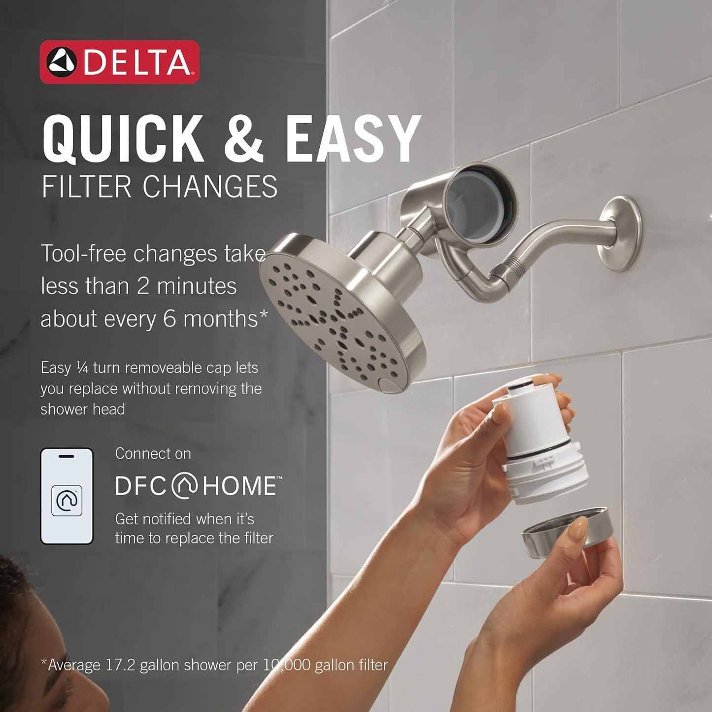 Delta Faucet Clarifi Premium Shower Filter Attachment with Filter, Hard Water Shower Filter, Shower Head Filter, Stainless 5SF100-SS