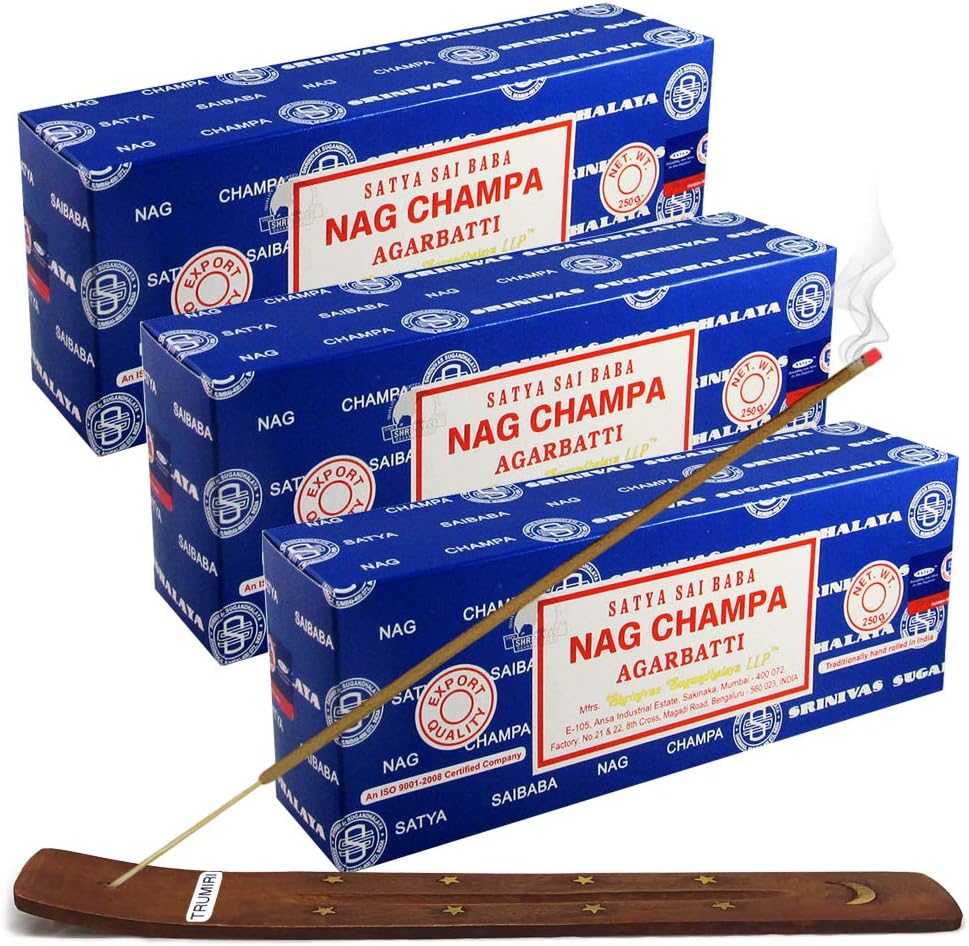 TRUMIRI Incense Stick Holder Bundle with Satya Sai Baba Nagchampa 250g Bulk Incense Sticks Nag Champa Agarbatti - Pack of 1 (Approx 250 Insence-Sticks)