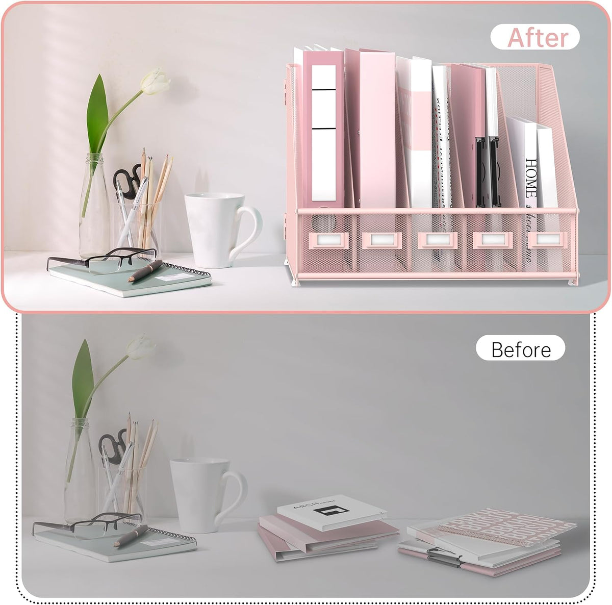 SUPEASY Desk Organizers Metal Desk Magazine File Holder with 5 Vertical Compartments Rack File Organizer for Office Desktop, Classroom, Home Workspace, Black