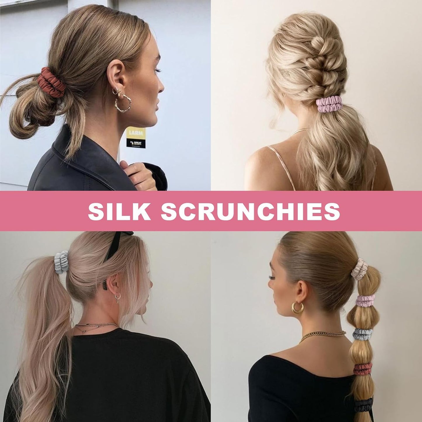6Pcs Silk Hair Ties 100% Pure Mulberry Silk Scrunchies for Women Girls | No Hair Crease, Anti Frizz, Gentle Hold, No Damage, Black Brown Pink