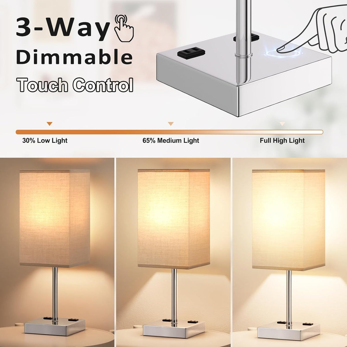 Touch Bedside Table Lamp for Bedroom - Dimmable, USB C+A, 2 AC Outlets