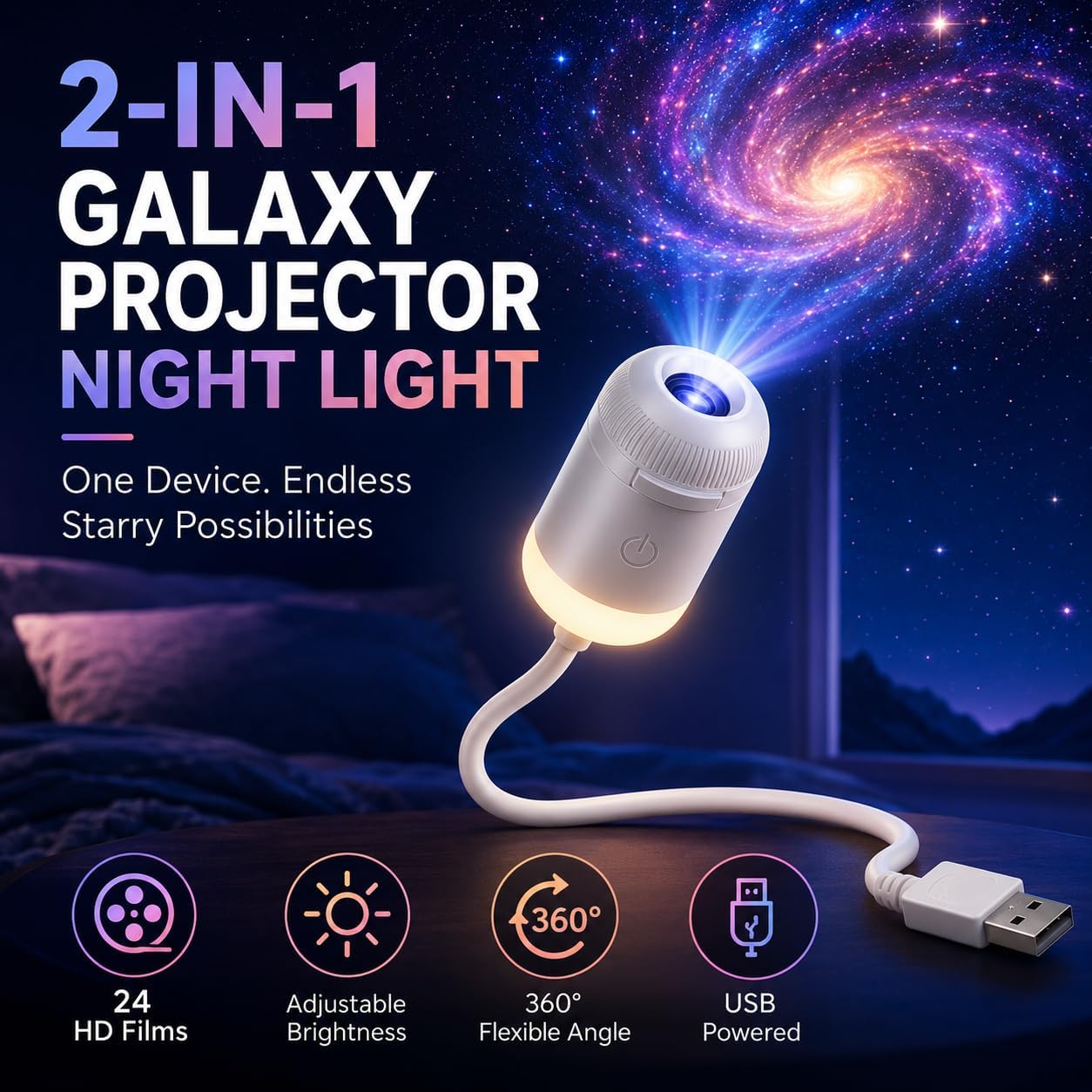 HD Smart Dynamic 5D Holographic Night Light Projector, Plug and Play Galaxy Star Projector, 360° Rotating USB Powered Ocean Wave Ceiling Light for Bedroom, Kids Room, Party Decor (24 Projection Films)