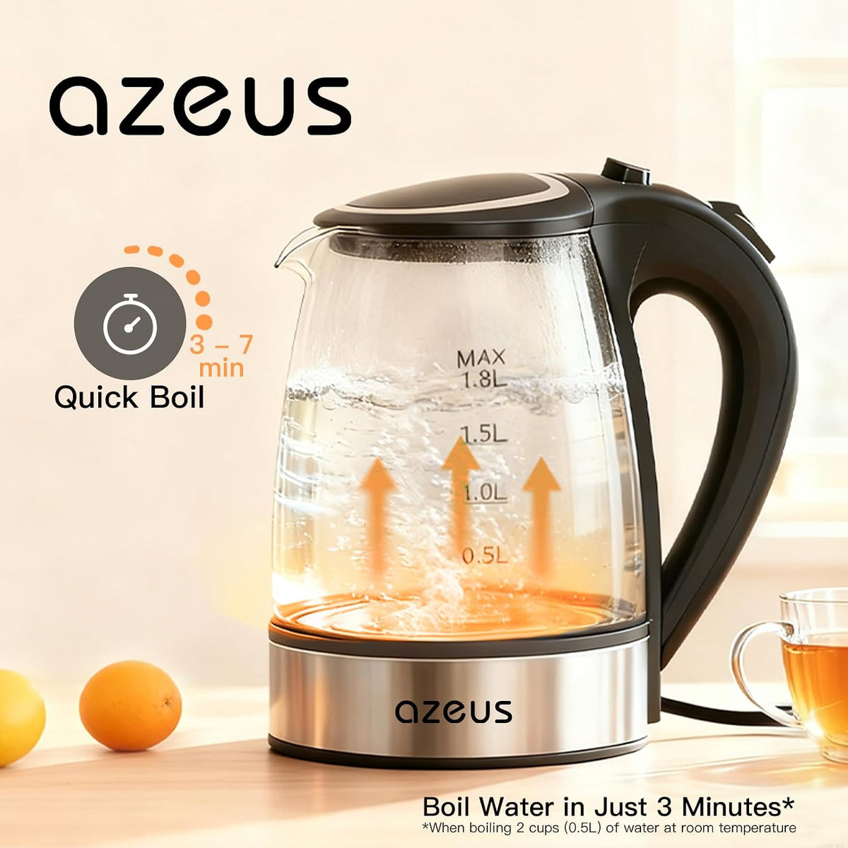 AZEUS Electric Kettle 1800W Cool Touch Tea Kettle Anti-scalding Design 1.8L Large Capacity Kettle BPA-Free, White