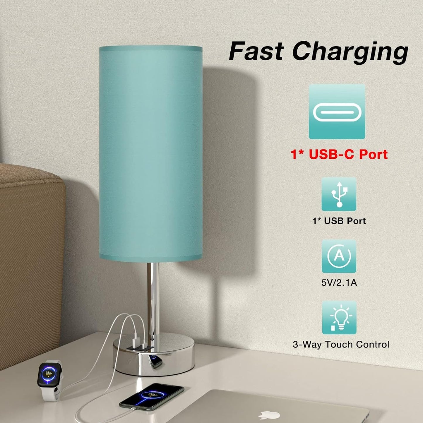 Dicoool Touch Table Lamp for Bedroom, 3 Way Dimmable Bedside Lamp with USB C & A Charging Ports - Small Desk Lamp for Dorm Room, College, Kids, Office, Living Room, White