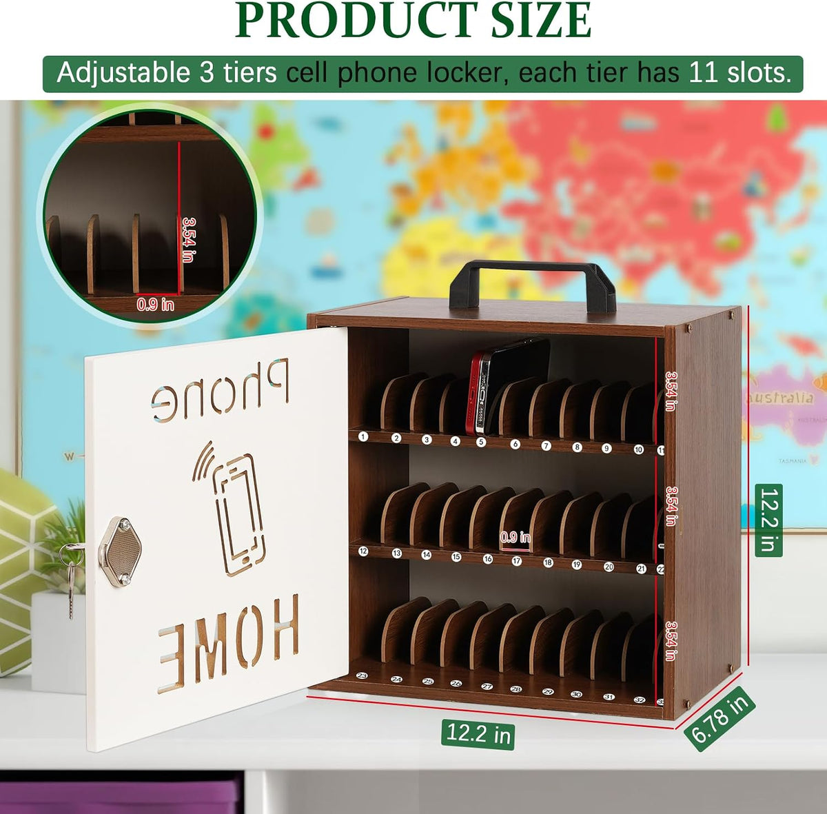 Wooden Phone Lock Box,Adjustable 33 Slots Cell Phone Holder Classroom
