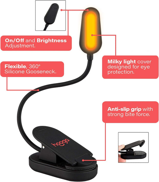 hooga Amber Book Light – Blue Light Blocking Reading Light for Bed, Stepless Dimming, Rechargeable Clip-On Night Light, 1600K Amber & 625nm Red LED for Night Reading
