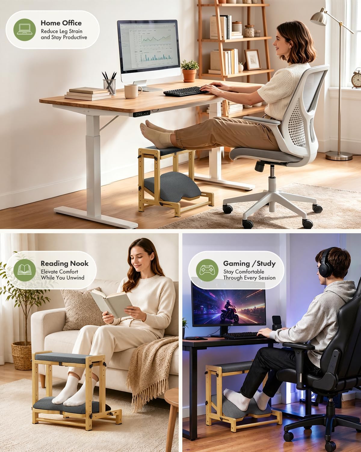 Amazer Bamboo Under Desk Footrest with Cushion 3-in-1, Reversible Ergonomic Wood Rocking Foot Rest for Under Desk at Work, Adjustable Foot Stools with Washable Cover, Desk Leg Rest for Home Office
