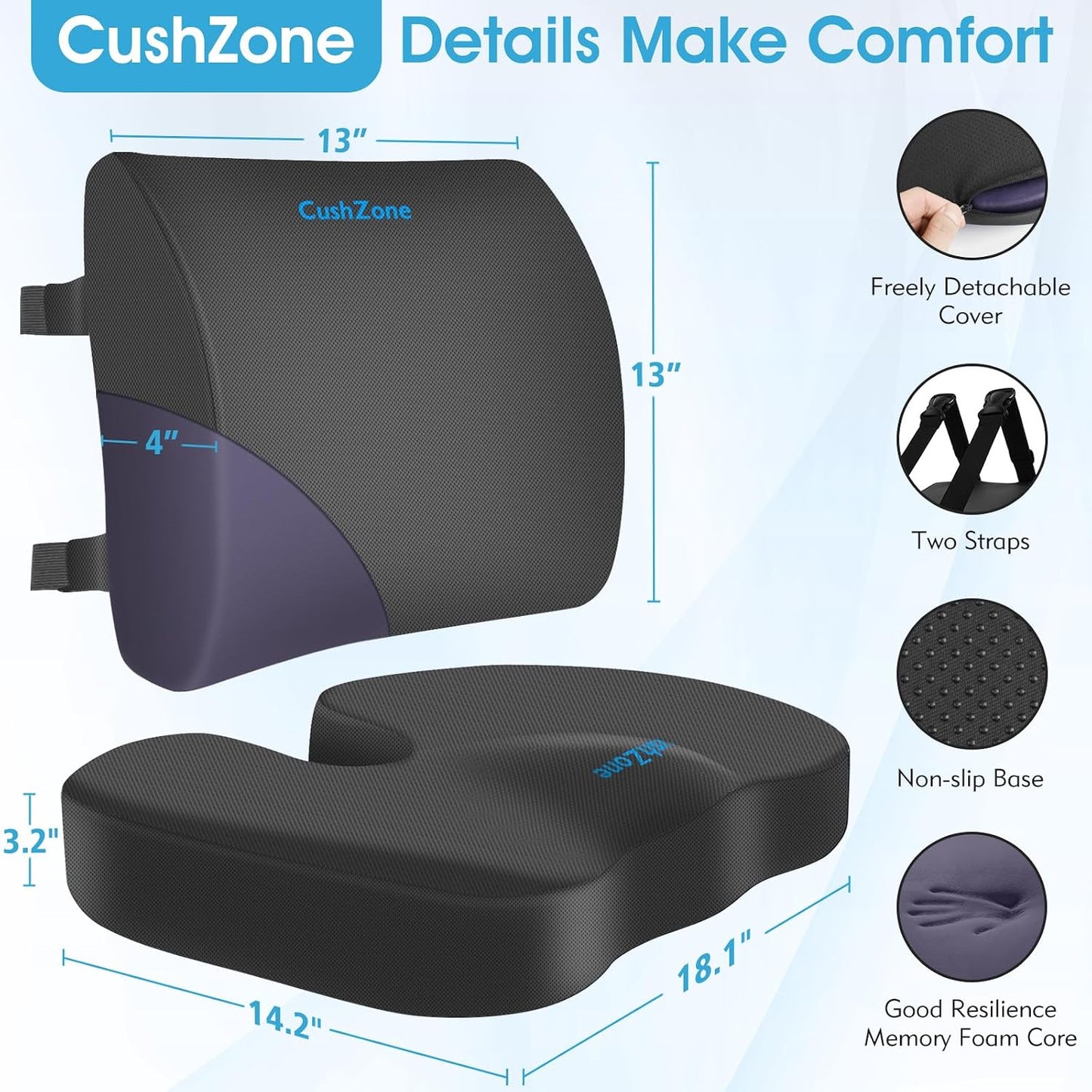 CushZone Ergonomic Seat Cushion & Lumbar Support Pillow - Memory Foam for Sciatica Pain Relief & Posture Correction, Non-Slip Chair Cushions for Office Chair/Car/Wheelchair/Travel (Black)