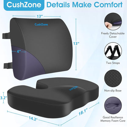 CushZone Ergonomic Seat Cushion & Lumbar Support Pillow - Memory Foam for Sciatica Pain Relief & Posture Correction, Non-Slip Chair Cushions for Office Chair/Car/Wheelchair/Travel (Black)