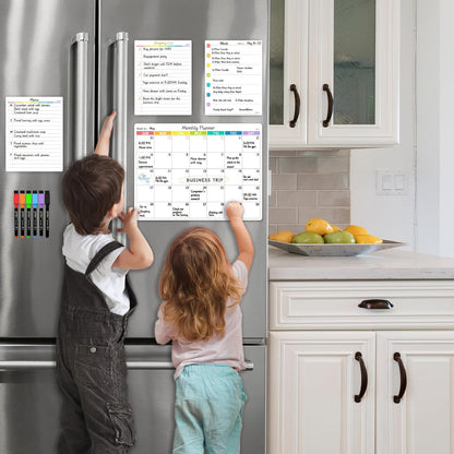 JJPRO Magnetic Monthly Calendar Whiteboard Set for Fridge-Monthly Planning Board and Two Bonus Dry Erase Grocery Board&Weekly Menu Board-Meal Planner Whiteboard/to-Do List-6 Markers