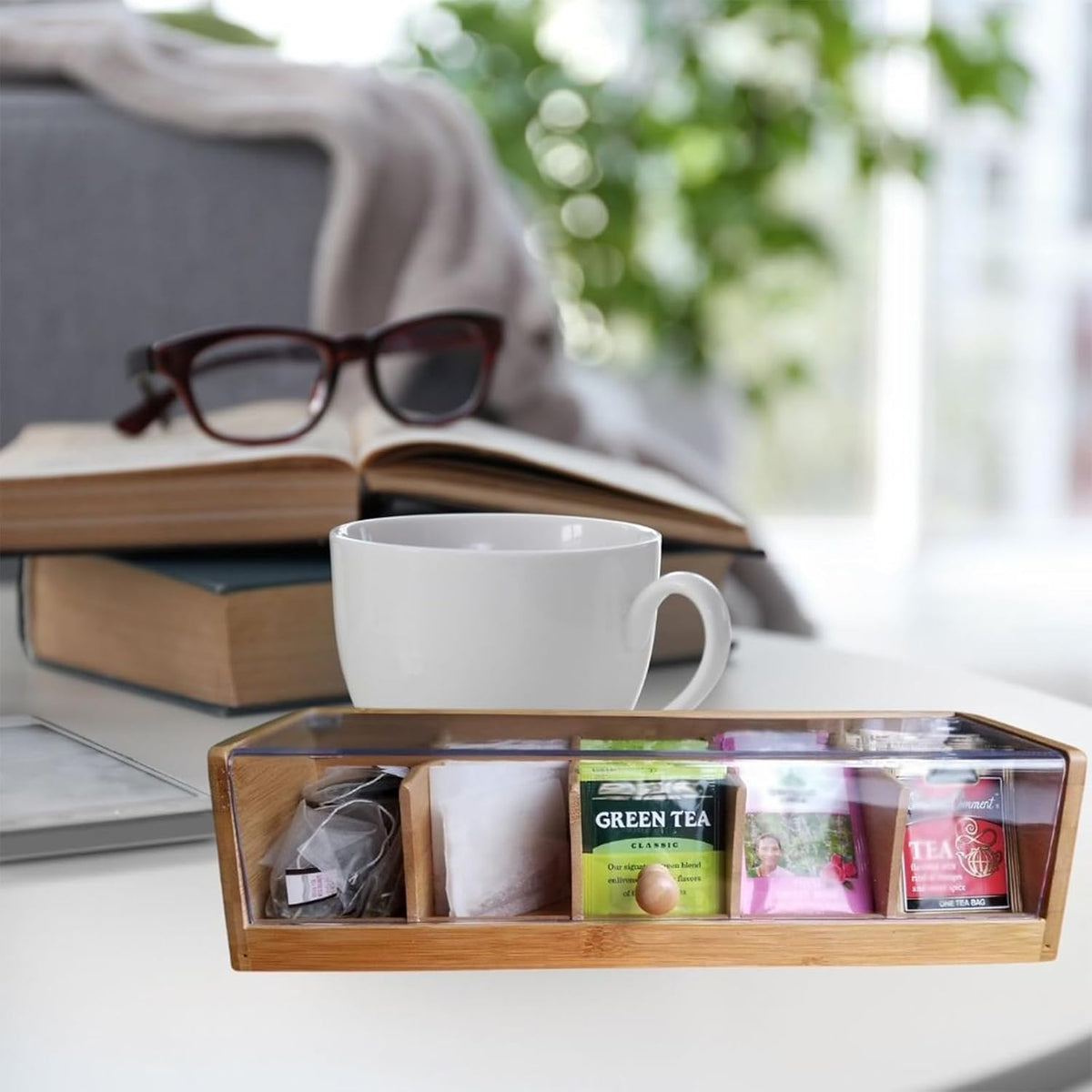 RRRICO Bamboo Tea Bag Organizer Box with Clear Acrylic Lid, 5-Compartment Tea Bag Storage Box for Countertop, Cabinet and Pantry, Tea Box for Packets and Sachets