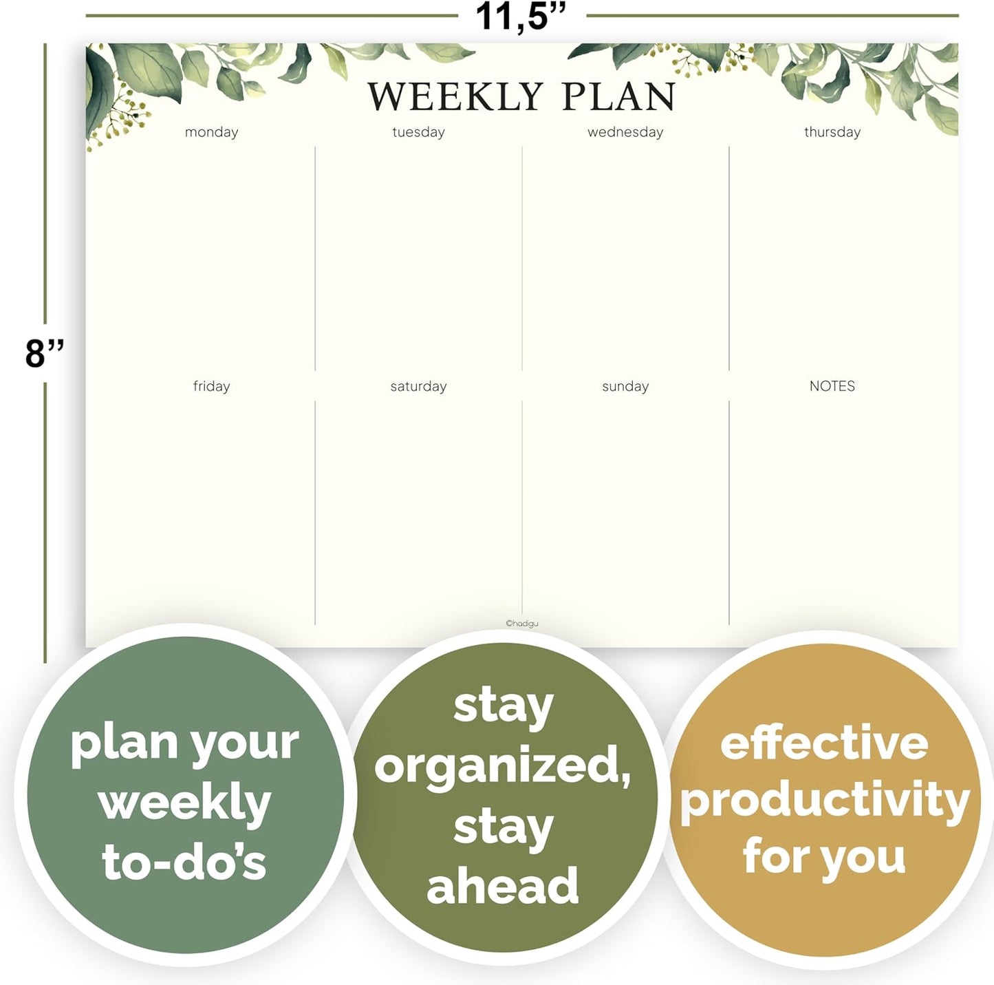 Weekly Planner Notepad, Undated Tear Off Weekly To Do List Notepad, 11.5" x 8", Eucalyptus Design on Cream Base, Premium Thick Paper and Cardboard Back Support, Desk Planner for Work, Office and Home.