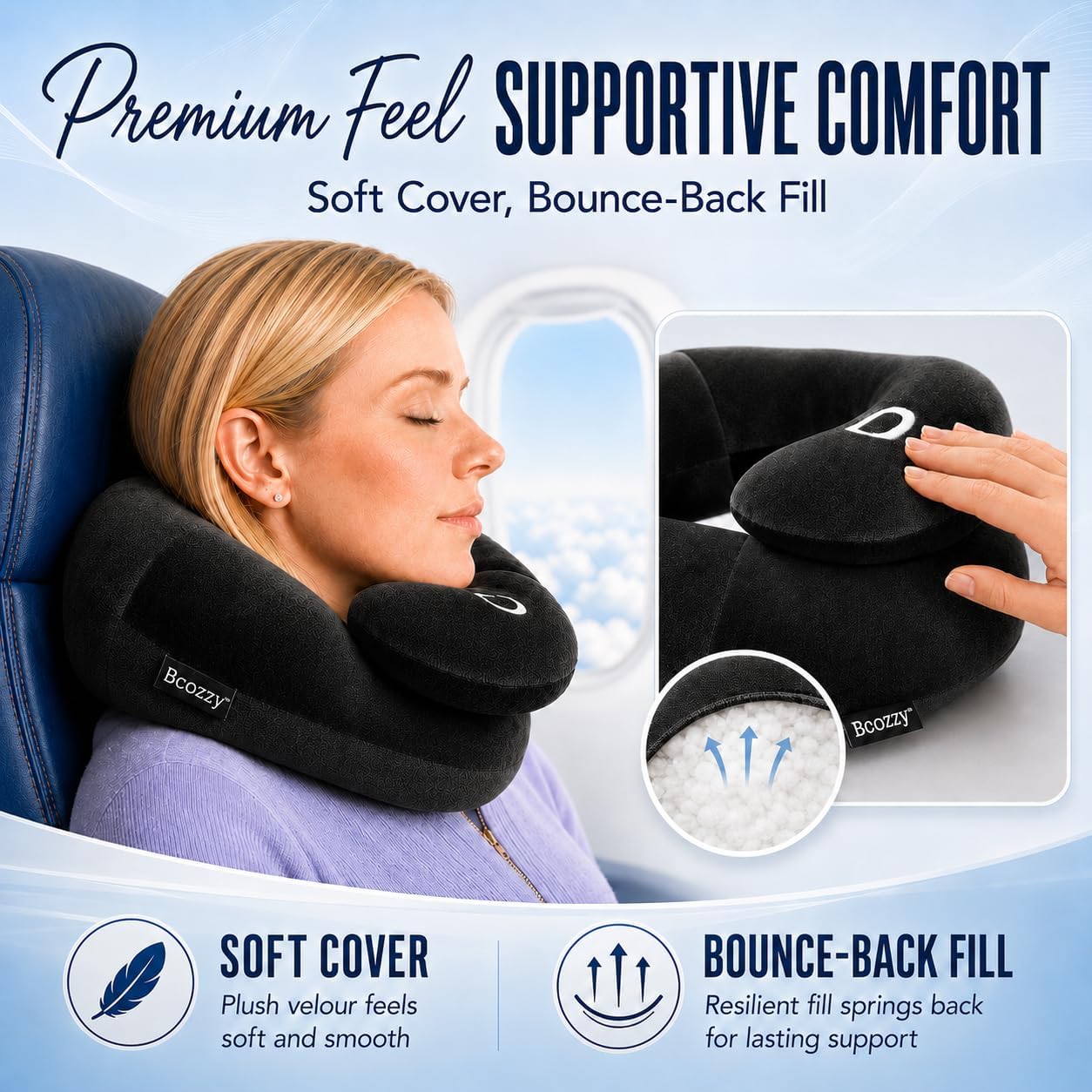 BCOZZY Travel Neck Pillow for Airplane– Patented Double Support for Head, Neck, and Chin. Best for Long Flights, Plane Sleeping, and Car Rides. Adjustable Size. Fully Washable. Carry Bag. Large, Black