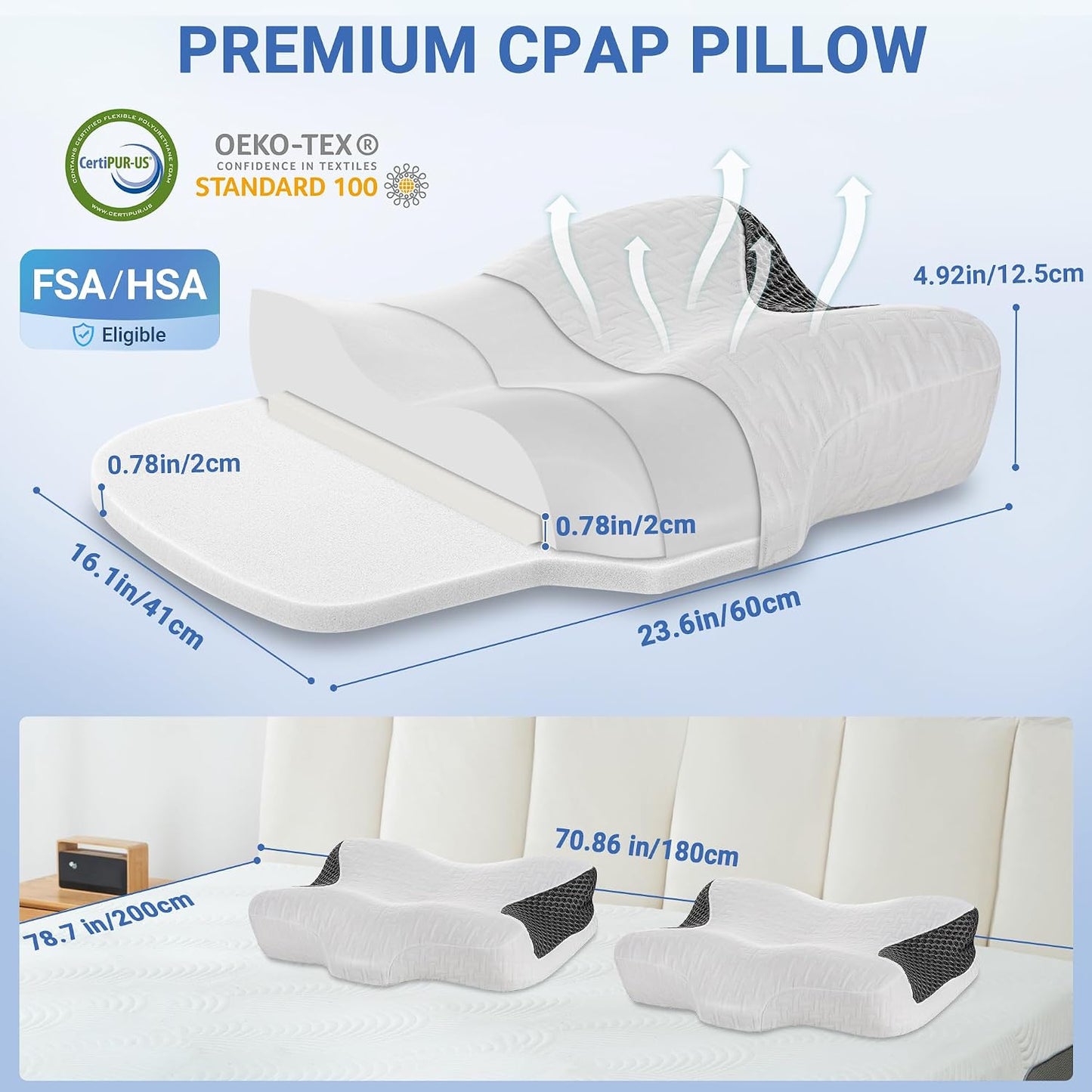 Elviros CPAP Pillow for Sleeping, HSA/FSA Ergonomic Adjustable Height Neck Support Memory Foam Bed Pillow for CPAP Users with Sleep Apnea, Suitable for Side and Back Sleepers