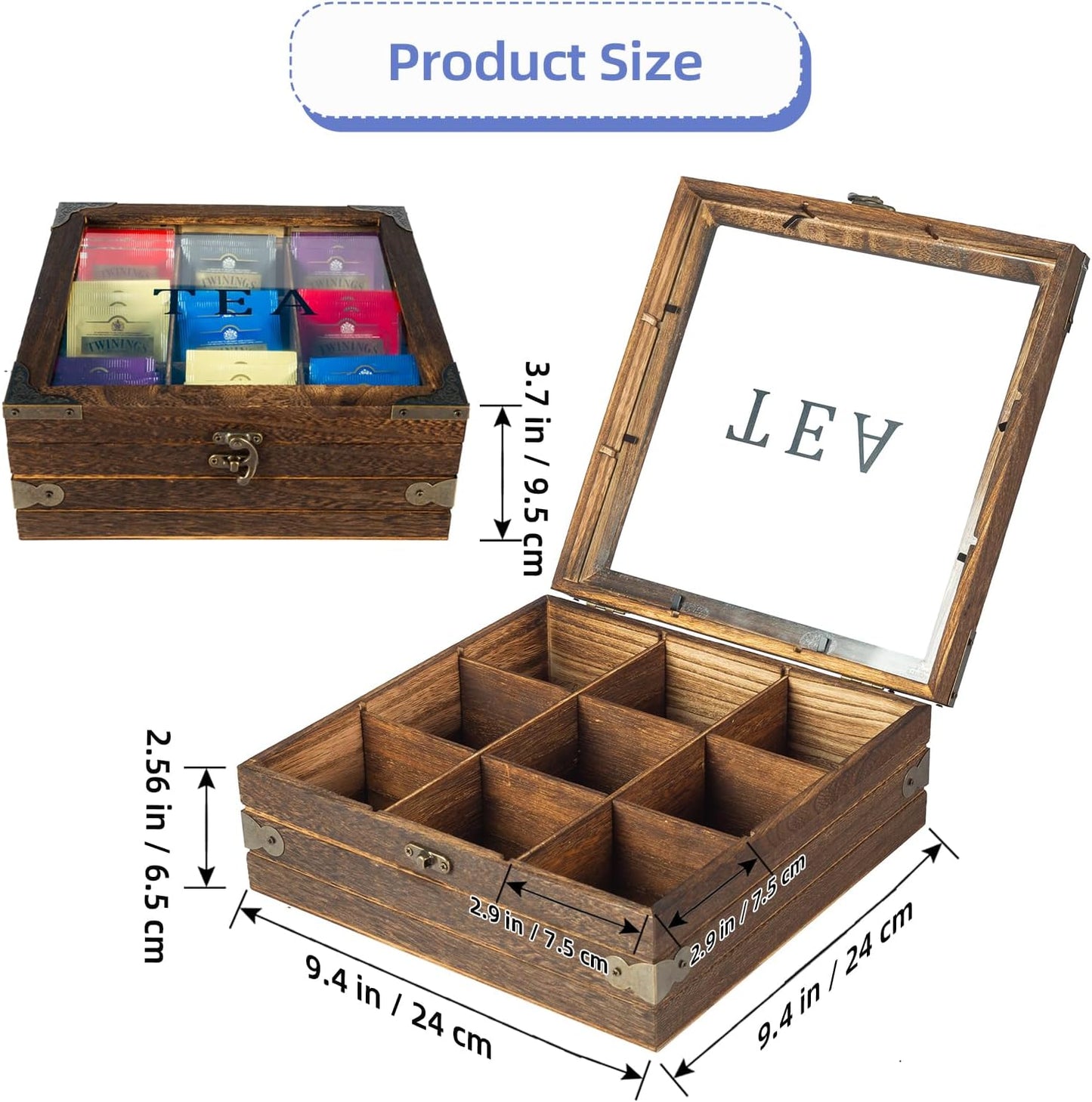 MOLIGOU Wood Tea Box Organizer, Tea Storage Chest with Glass Lid, 9 Compartments, Tea Bag Holder Organizer for Cabinet, Pantry