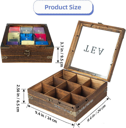 MOLIGOU Wood Tea Box Organizer, Tea Storage Chest with Glass Lid, 9 Compartments, Tea Bag Holder Organizer for Cabinet, Pantry