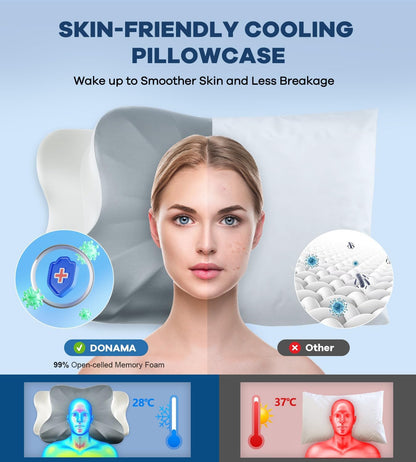 DONAMA Cervical Pillow for Neck and Shoulder,Contour Memory Foam Pillow,Ergonomic Neck Support Pillow for Side Back Stomach Sleepers with Pillowcase