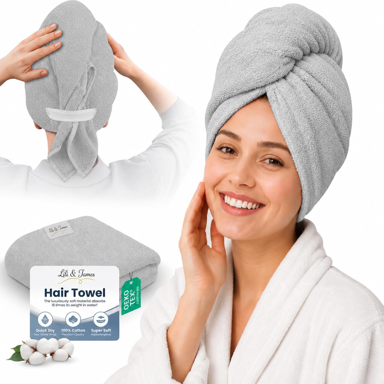 Lili&James 100% Cotton Hair Towel Wrap for Women & Kids – 420 GSM Quick Dry Hair Turban with Double Button Loop, Anti Frizz Non Microfiber Hair Drying Towel for Curly, Long & Thick Hair (Lilac)